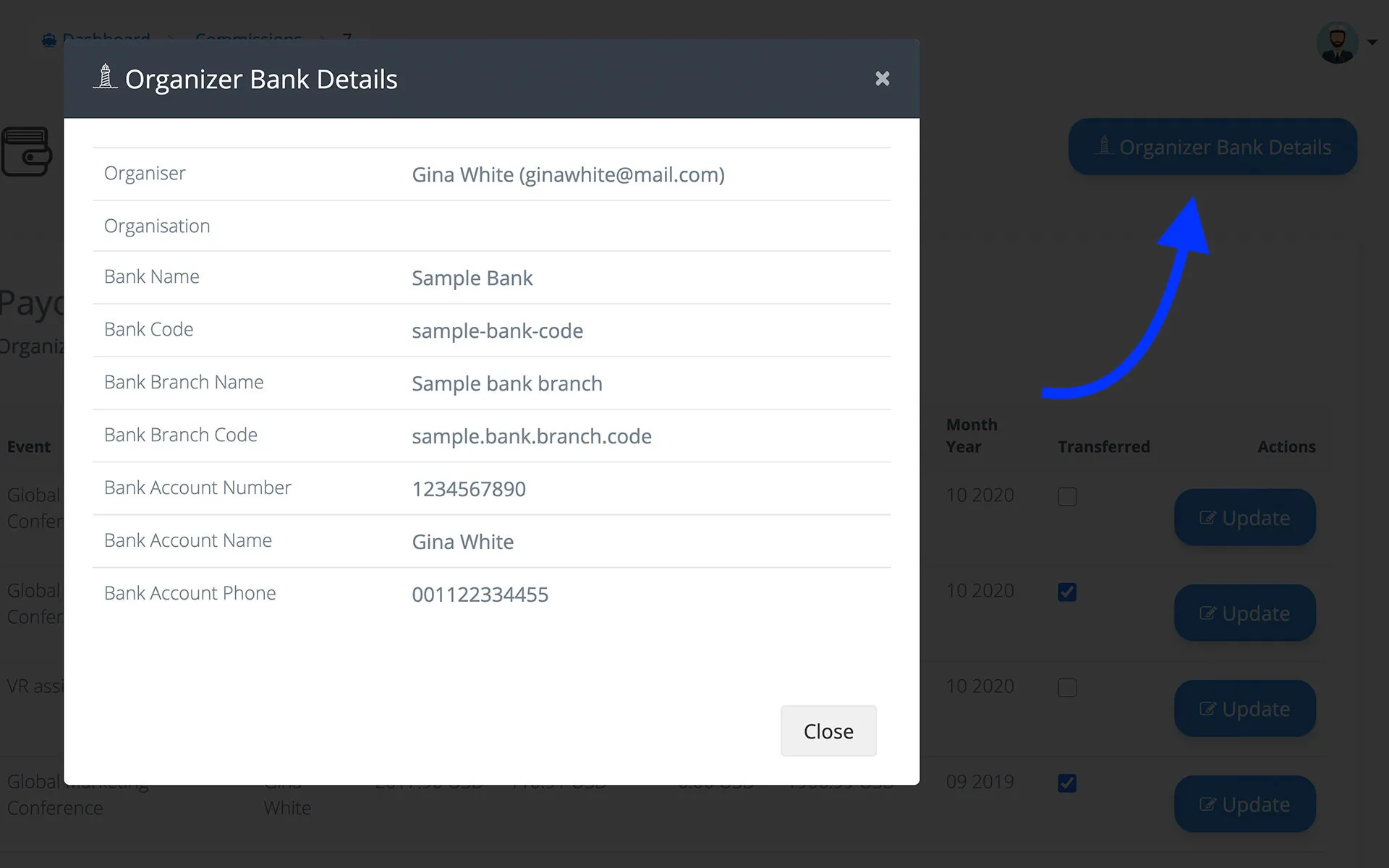 Admin Panel bank details