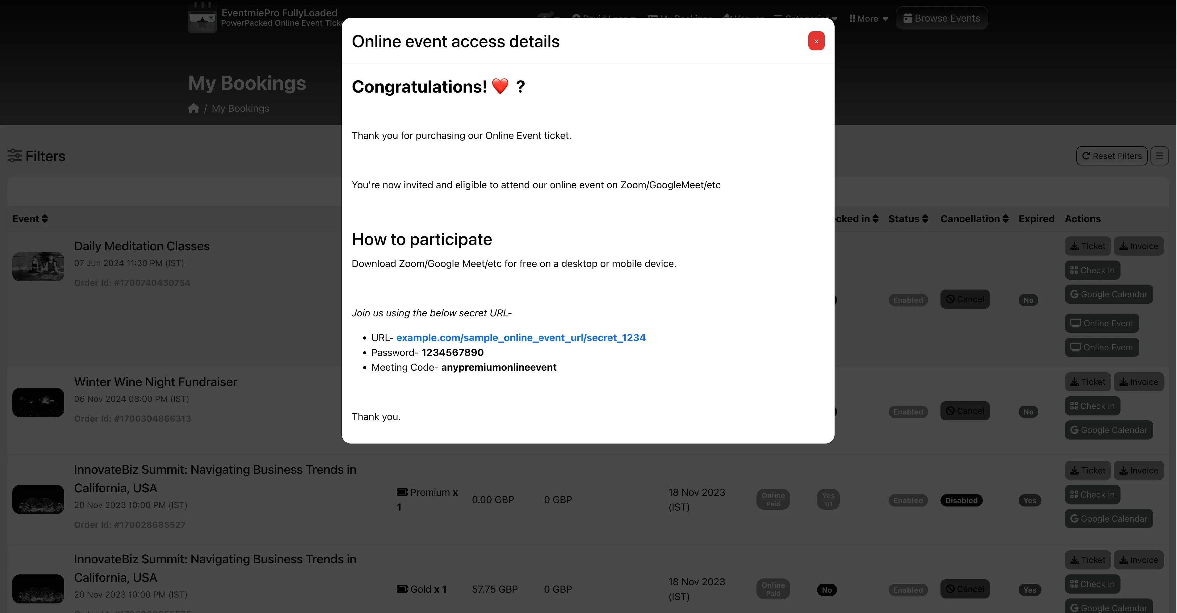 Customer bookings page view Customer bookings page view