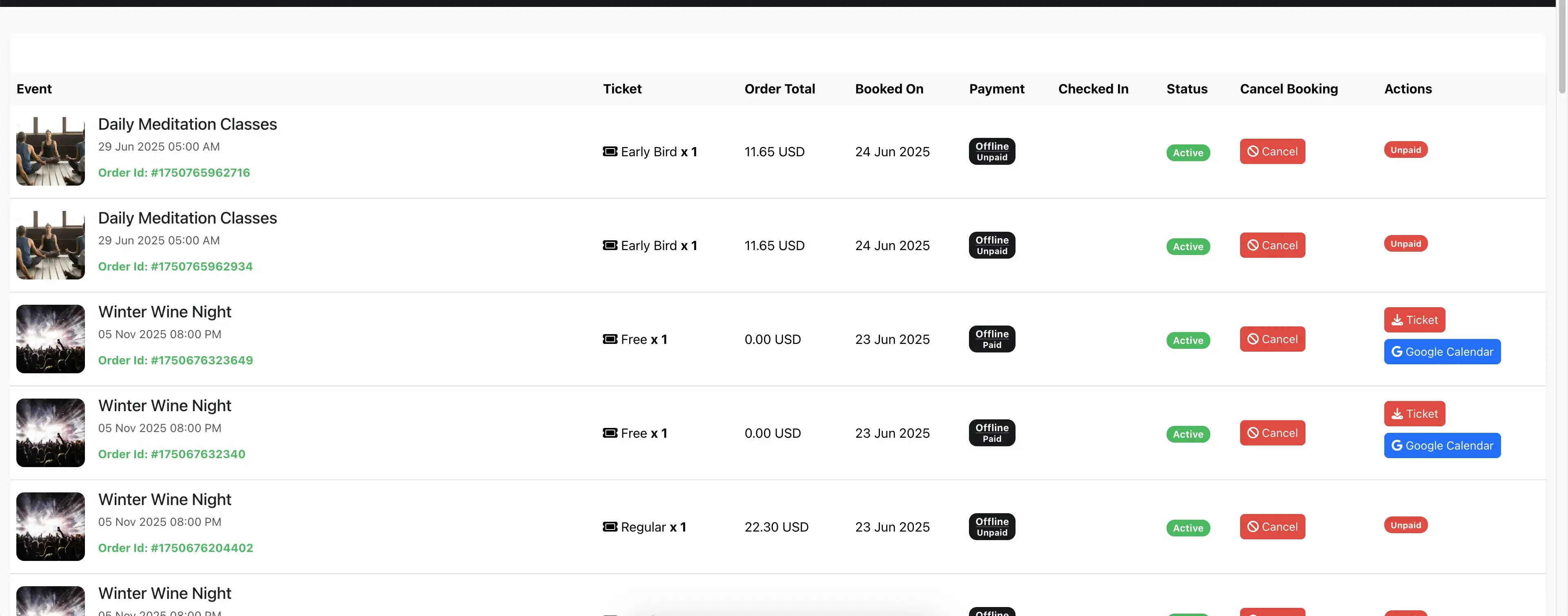 Customer bookings page Customer bookings page