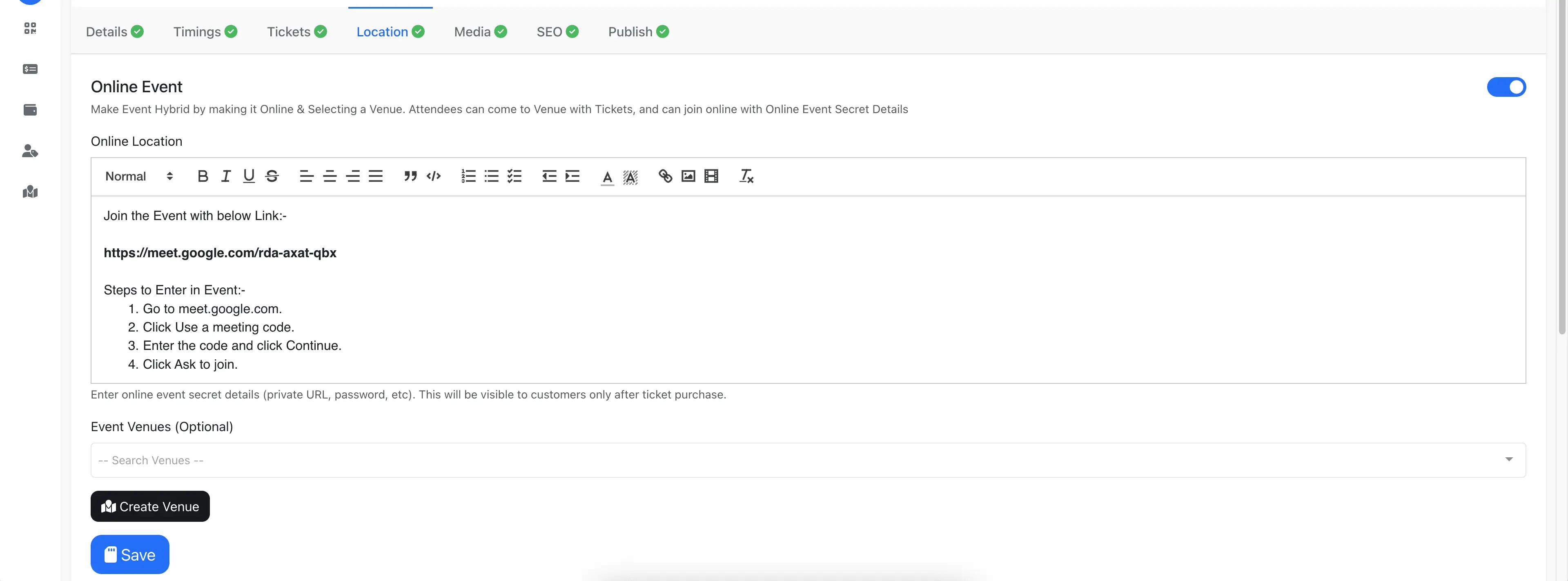 Enter online location Enter online location